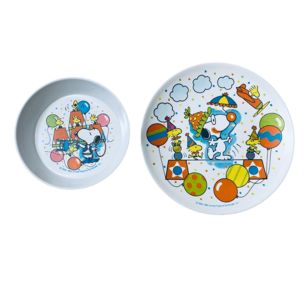 Vintage Peanuts Snoopy Circus Melamine Plate and Bowl Set United Feature USA